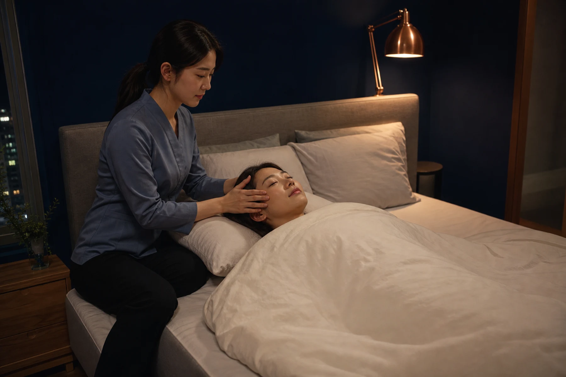 구리테라피의 전문복 차림 20대 한국인 성인 여성 마사지사가 침대 위에서 완전히 덮인 성인 여성 고객의 어깨를 관리하는 비선정적 장면